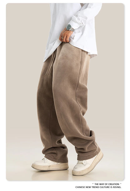 ZODF Retro Winter Monkey Washed Fleece Pants For Men Unisex Washed High Street 332gsm Warm Oversized Straight Trousers HY0892