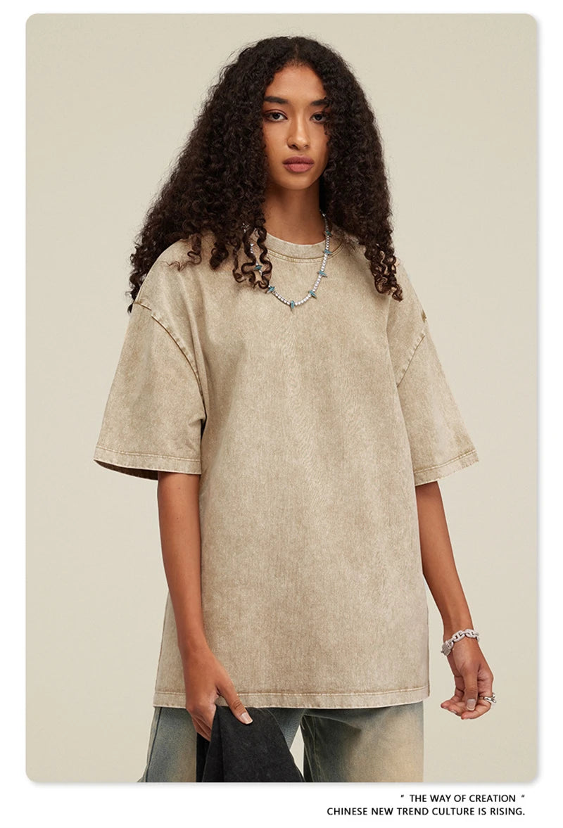 ZODF New Summer Men Washed Batik Cotton T Shirts Unisex American Retro High Street 270gsm Short Sleeve Tees Streetwear HY0489