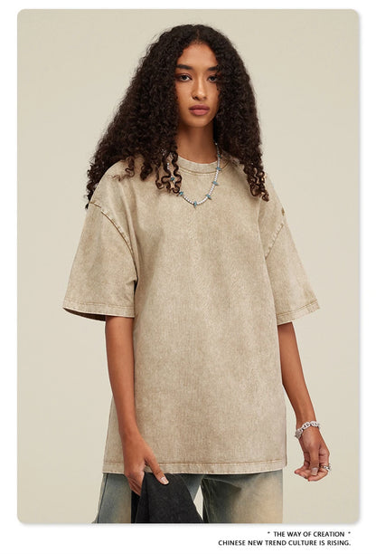 ZODF New Summer Men Washed Batik Cotton T Shirts Unisex American Retro High Street 270gsm Short Sleeve Tees Streetwear HY0489