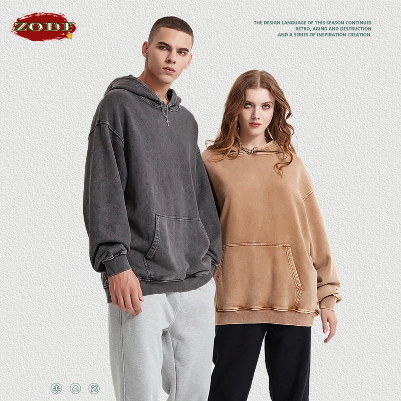 ZODF Autumn Winter Men 420gsm Heavyweight Washed Cotton Hoodie Streetwear Sweatshirt HY0307