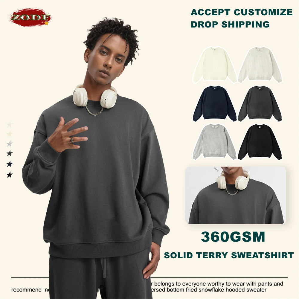 ZODF Fashion Autumn Men Solid 360gsm Sweatshirt Unisex Solid Loose Sport O Neck Pullovers Brand Clothes HY0938