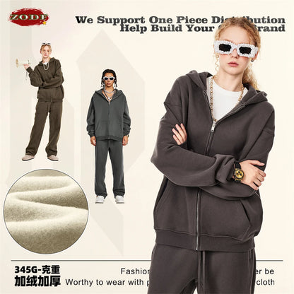 ZODF Fashion Winter Men Warm Zipper Fleece Hoodies Unisex Loose Basic 345gsm Knitted Hooded Hoodie Coats HY0904