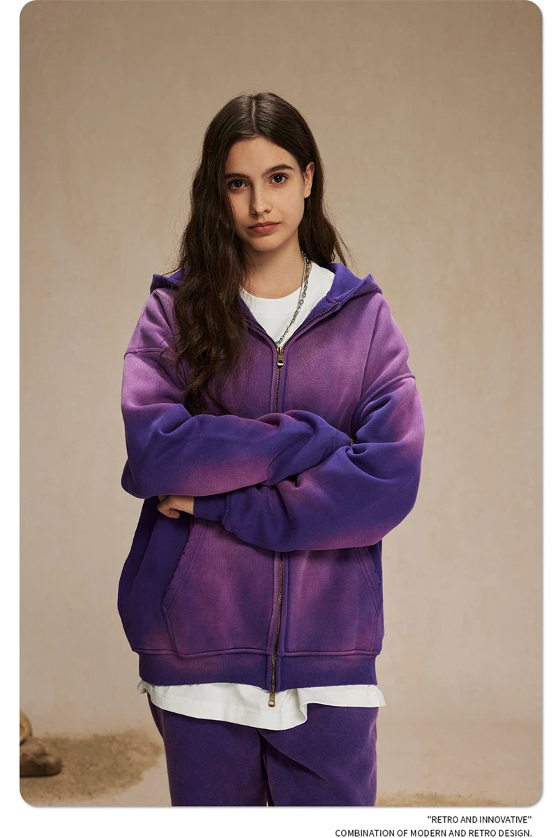 ZODF Retro Winter Men Spray-Dyed Zipper Hoodies Unisex Loose 360gsm Zipper Fleece Hooded Sweatshirt Pullovers Coats HY0719