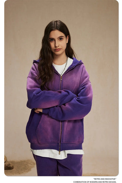 ZODF Retro Winter Men Spray-Dyed Zipper Hoodies Unisex Loose 360gsm Zipper Fleece Hooded Sweatshirt Pullovers Coats HY0719