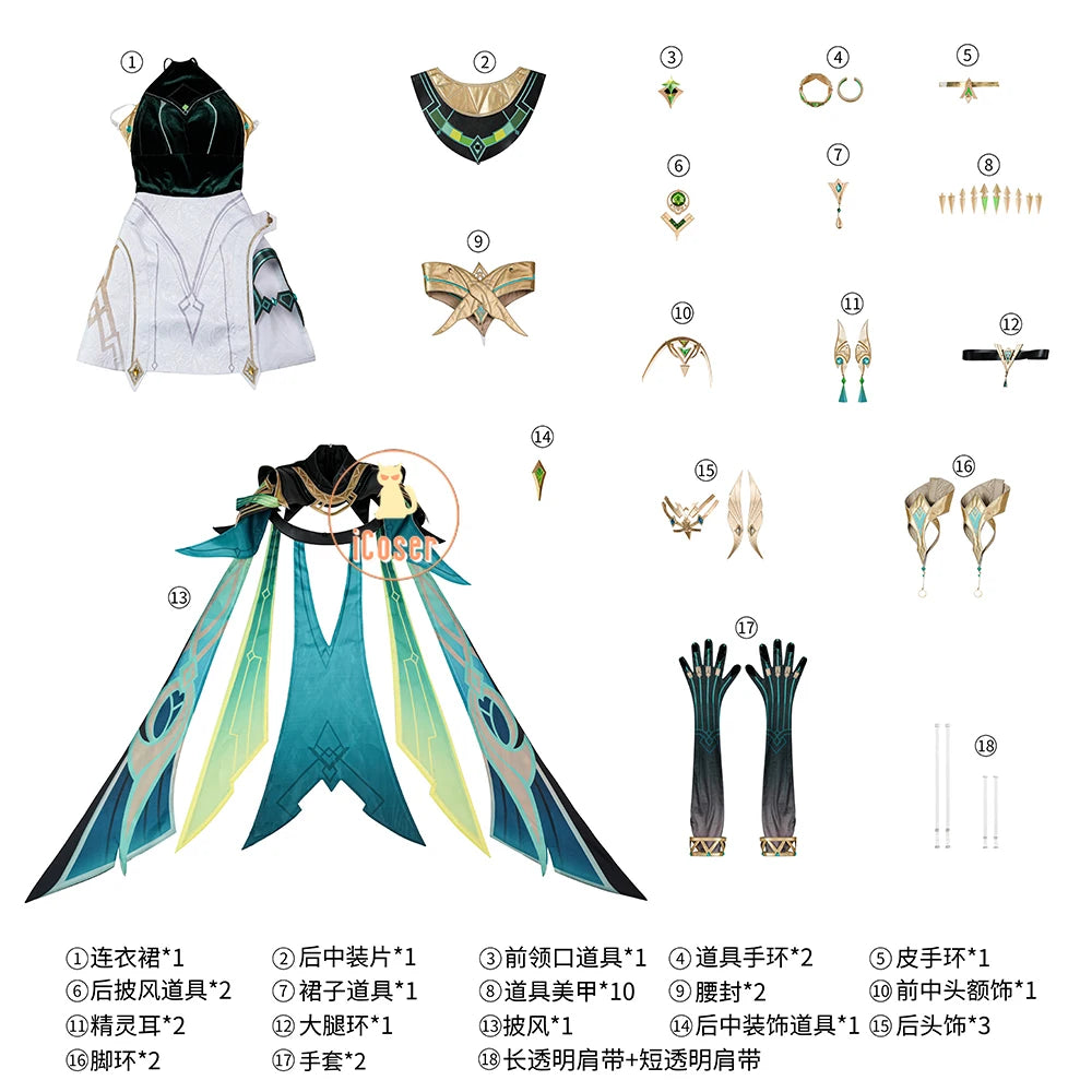 Genshin Impact Nefer Cosplay Costume Wig Dress Uniform Outfit Headwear Carnival Halloween Party for Women Girls Accessory iCoser