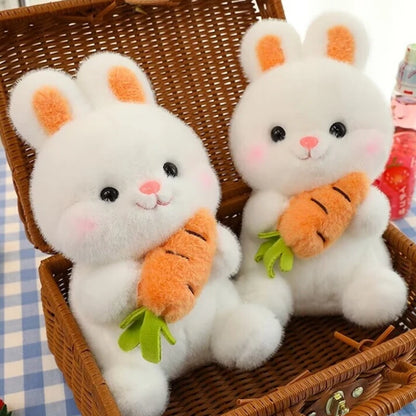 25-50cm Adorable Fuzzy Bunny Hold Carrot Plush Toy Stuffed White Rabbit with Foods on Hand Kids Hug Cuddly Plushie for Children