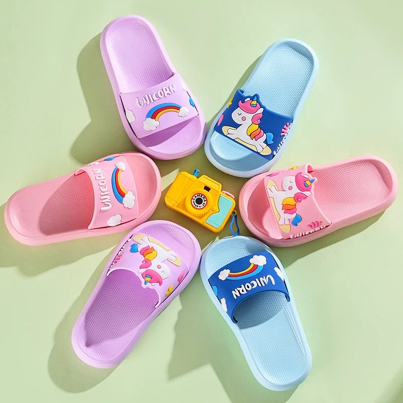 2025 New Kids Slippers Girls Slippers Indoor Pink Blue Unicorn Cartoon Toddler Girl Slippers 2 to 3 4 5 6 7 8 Years Casual Shoes