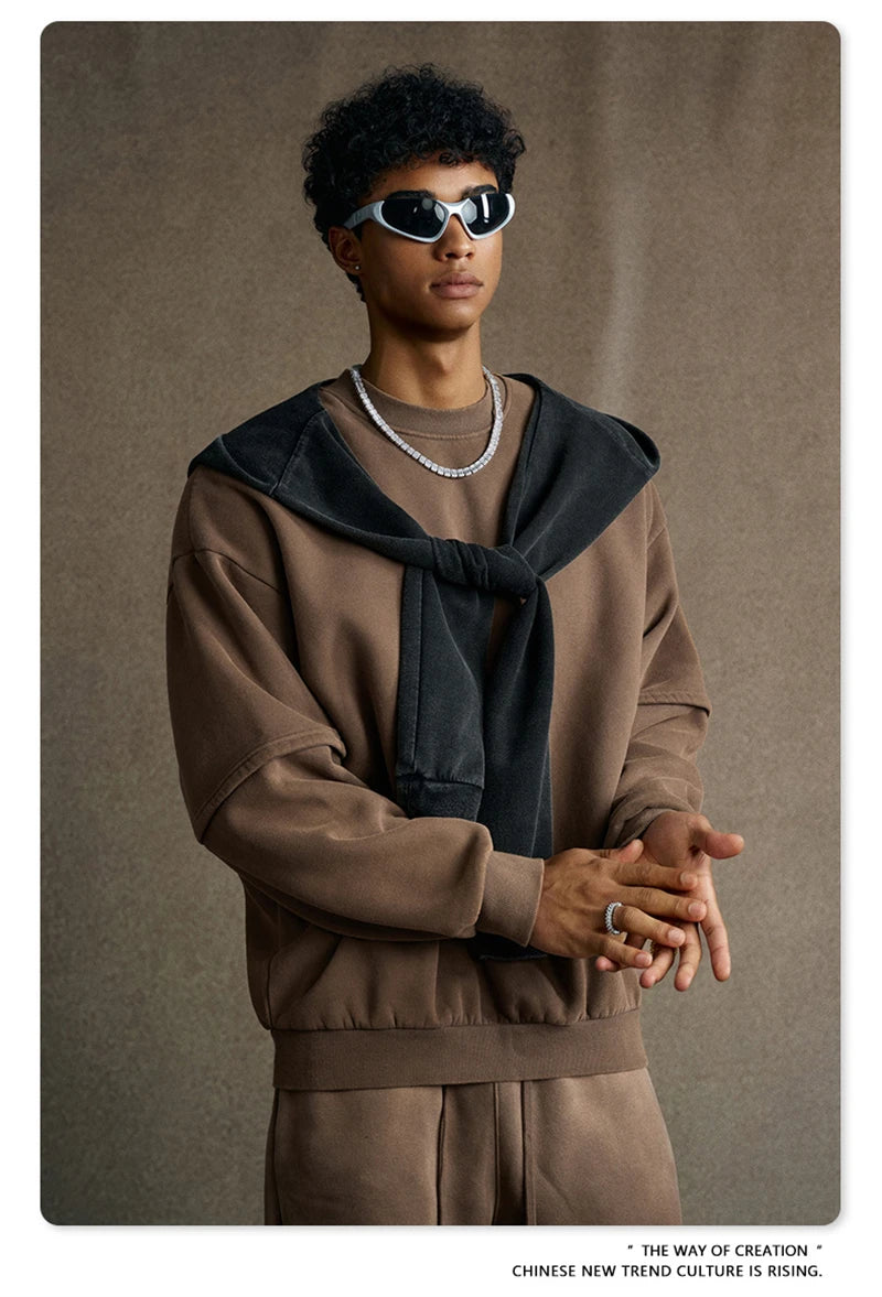 ZODF Trendy 2025 Winter Man 360gsm Washed Fleece Hoodies Unisex Patchwork Loose Fake 2 Pieces Knitted O Neck Sweatshirts HY1089