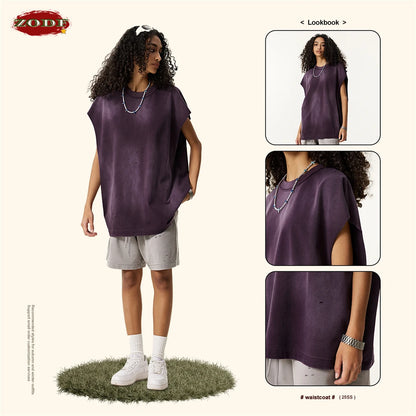 ZODF 2025 Summer 285gsm Washed Tank Tops For Men Unisex American Retro Cut Distressed Oversized Sleeveless TEE Vest HY1006