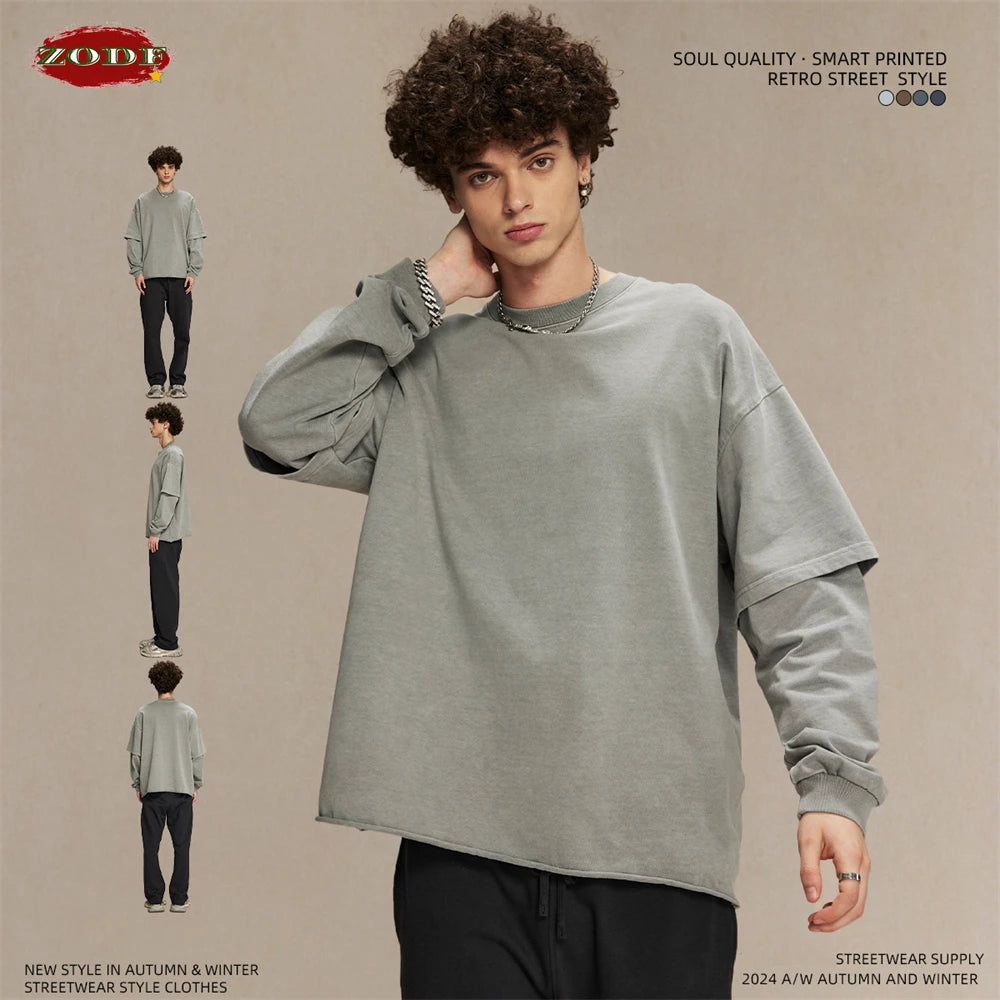 ZODF Retro Autumn Men Washed Cotton T-Shirts Unisex Loose Edge Fake 2-Piece 345gsm Full Sleeve O Neck T Shirt Brand Tops HY0928