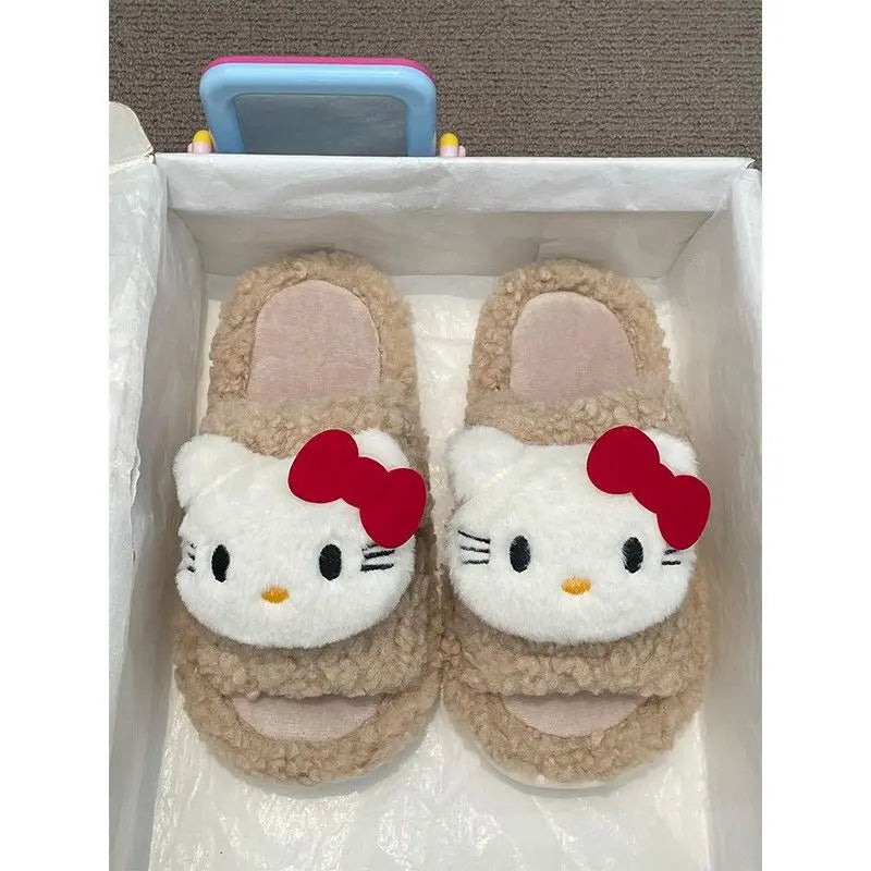 New Sanrio Sweet Hello Kitty Warm Cotton Slippers For Student Dormitory Comfortable One Word Hairy Adult Cotton Slippers