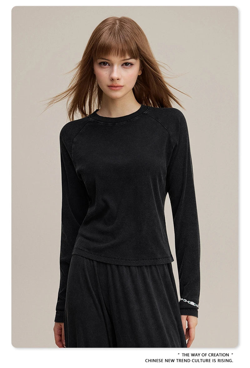 ZODF Sexy Autumn Washed 275gsm Full Sleeve T Shirt For Women Ladies Girls Slim Fit Distressed T-Shirts Tops HY1145