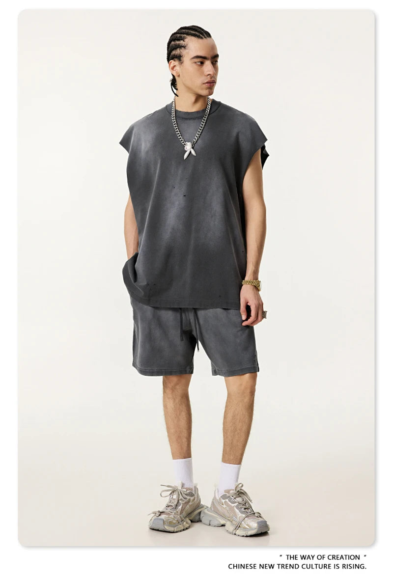 ZODF 2025 Summer 285gsm Washed Tank Tops For Men Unisex American Retro Cut Distressed Oversized Sleeveless TEE Vest HY1006