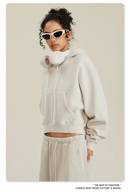 ZODF Women Hotsweet 2025 Winter Washed Fleece Crop Hoodies Girls Oversized Raglan Sleeve 400gsm Hooded Pullovers HY0648