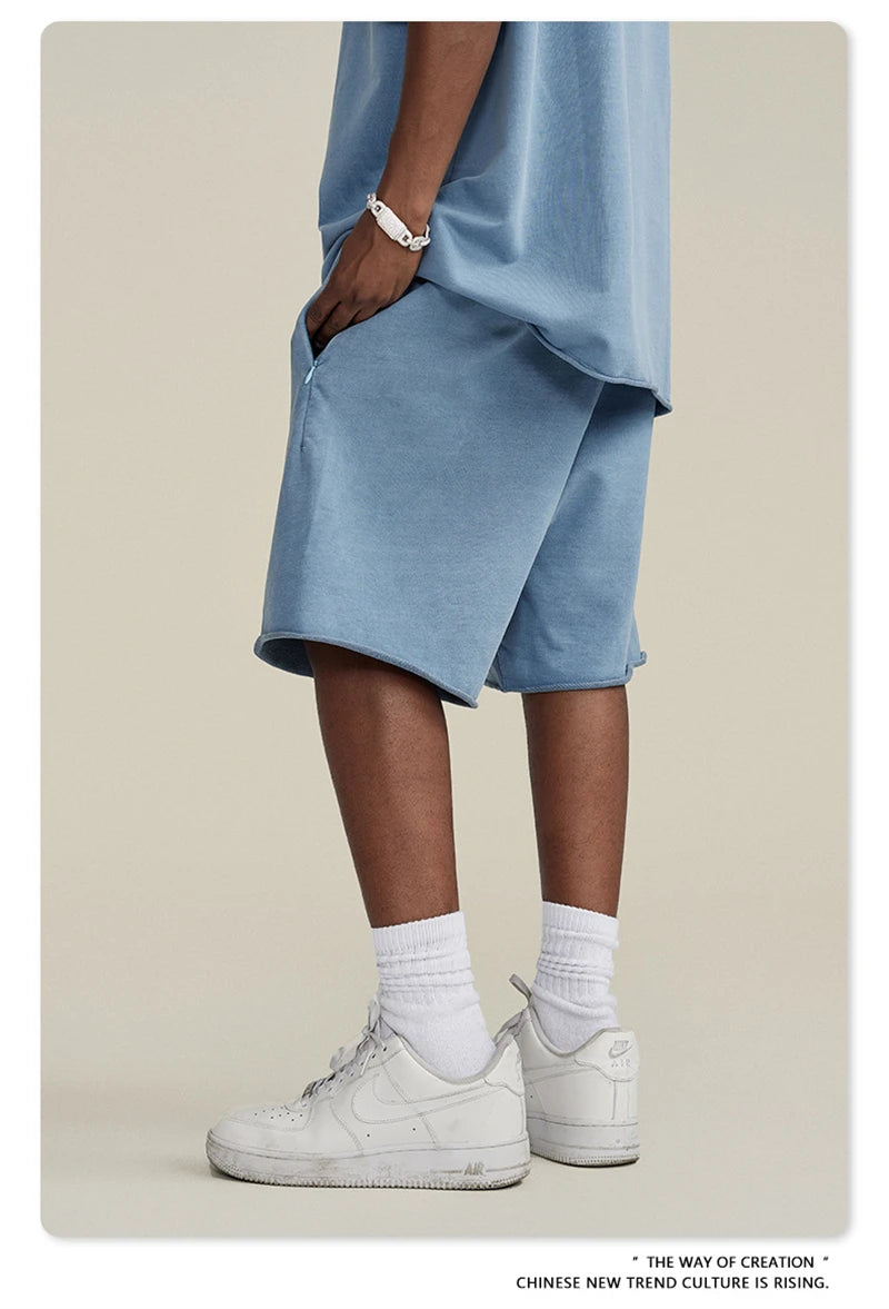 ZODF New Summer Men Retro Washed Shorts Unisex Drawstring Loose Edge 420gsm Solid Knee Length Cotton Pants Streetwears HY0589