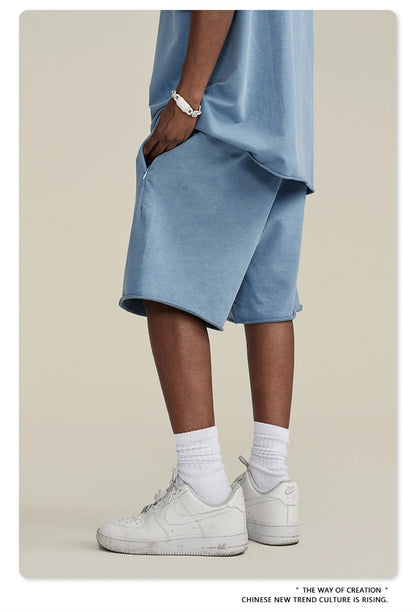 ZODF New Summer Men Retro Washed Shorts Unisex Drawstring Loose Edge 420gsm Solid Knee Length Cotton Pants Streetwears HY0589