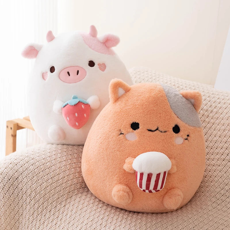 ZU New Arrival Kawaii Stuffed Animal Strawberry Cow Popcorn Cat Plushies Doll Huggable Fat Big Hug Pillow Sofa Bed Decor Cushion