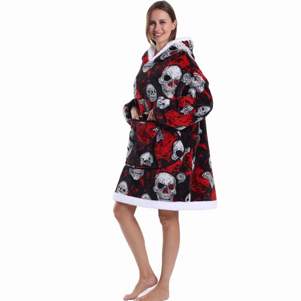 Oversized Hoodie Blanket for Adults Leopard Red Blue Black Fluffy TV Blanket Warm Thick Man Woman Winter Halloween Christmas Pjs