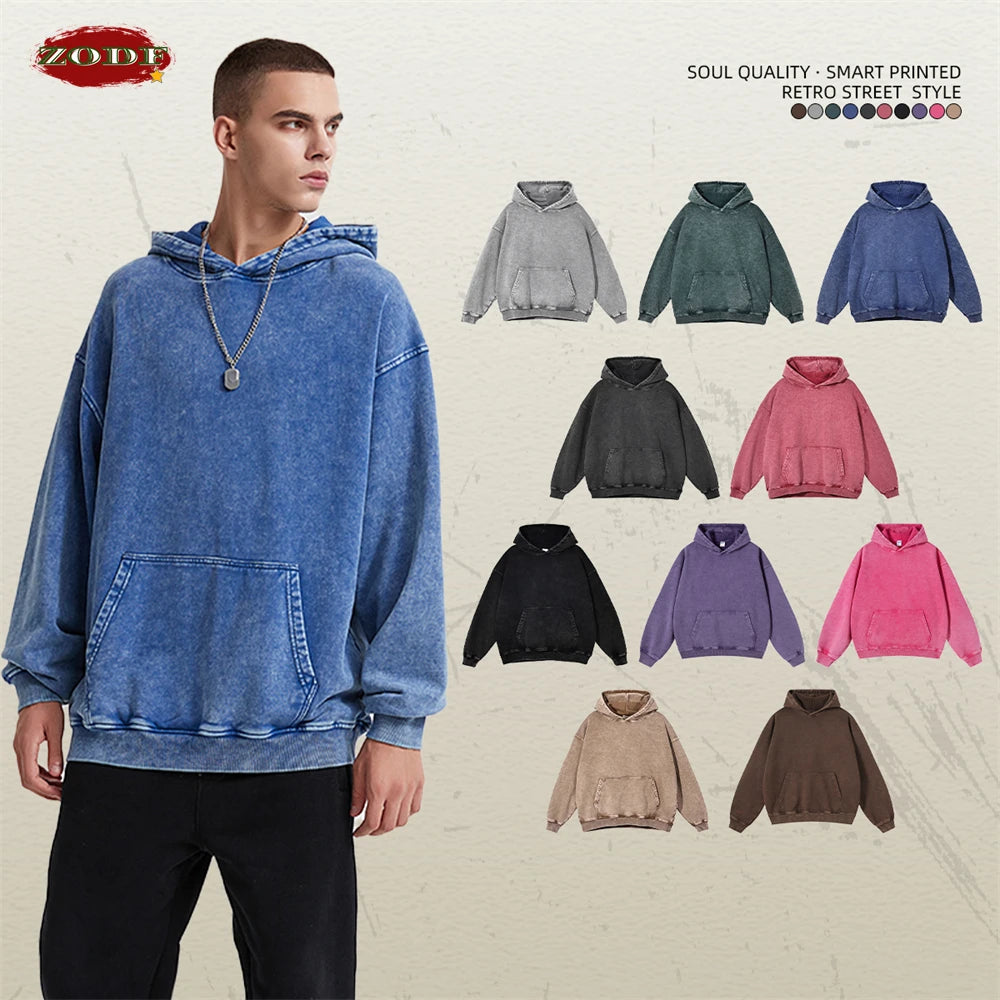 ZODF Autumn Winter Men 420gsm Heavyweight Washed Cotton Hoodie Streetwear Sweatshirt HY0307