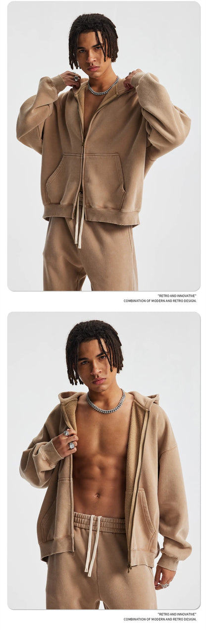 ZODF New 2025 Winter Man's Fleece Zipper Hoodies Unisex Retro 370gsm Loose Boxy Batik Washed Hooded Coats Sweatshirts HY1164