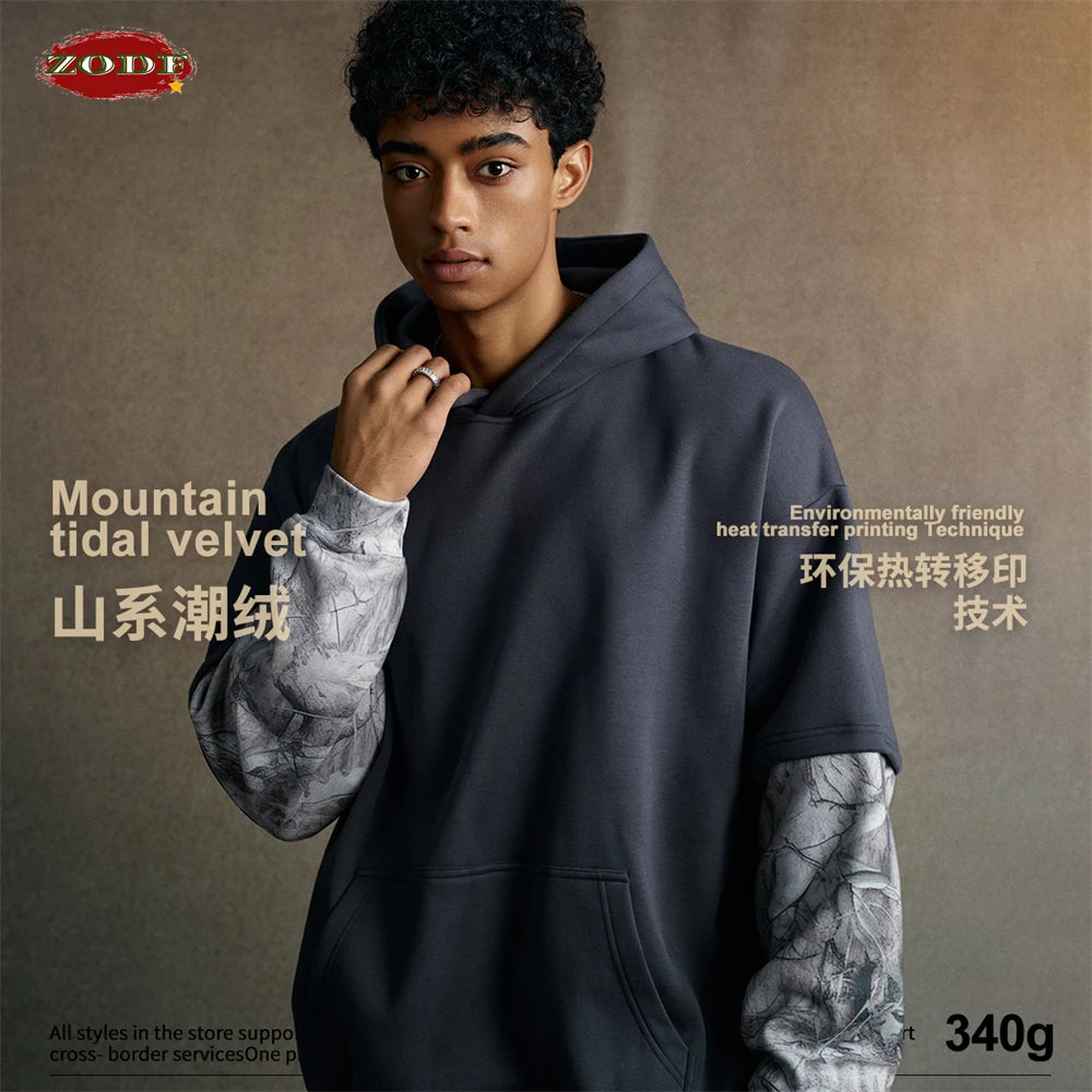 ZODF Fashion Winter Fake 2-Piece 340gsm Fleece Hoodies For Men Unisex High Street Camouflage Sleeve Hooded Pullovers HY1153