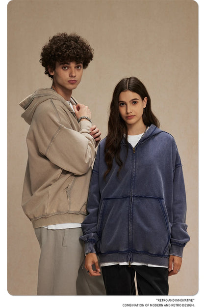 ZODF Retro Men's Heavyweight 450gsm Zipper Hoodies Unisex Loose Distressed Washed Batik Knitted Hooded Coat Jacket HY0889