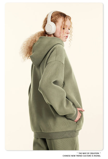 ZODF New Winter Men Solid Fleece Hoodies Unisex Women 345gsm Loose Warm Side Zipper Pocket Hooded Pullovers Brand Clothes HY0867