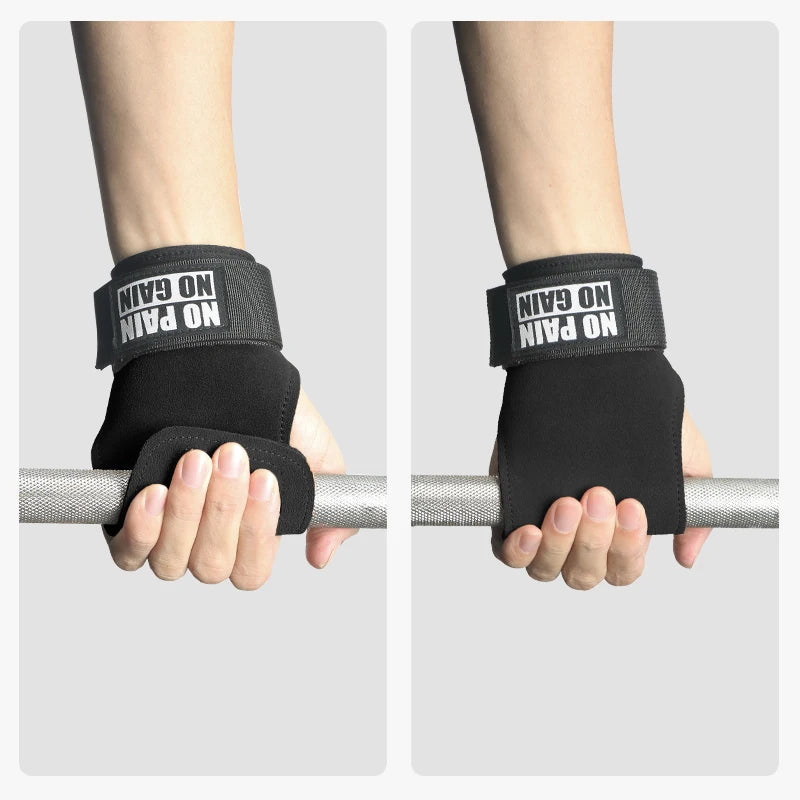 Cowhide Gym Grips Gloves Weightlifting Fitness Pull Up Crossfit Workout Anti-Slip Wear-Resistant Palm Protection - Black