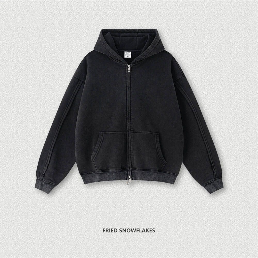 ZODF Retro 2025 Autumn Winter Unisex Zipper Fleece Hoodie 400gsm Washed Batik Warm Hooded Coat HY1084 - Fire Snowflakes
