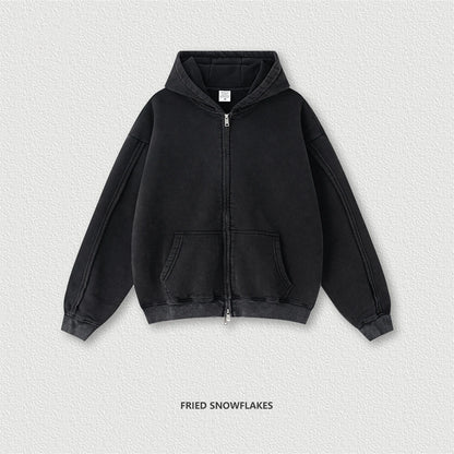 ZODF Retro 2025 Autumn Winter Unisex Zipper Fleece Hoodie 400gsm Washed Batik Warm Hooded Coat HY1084 - Fire Snowflakes