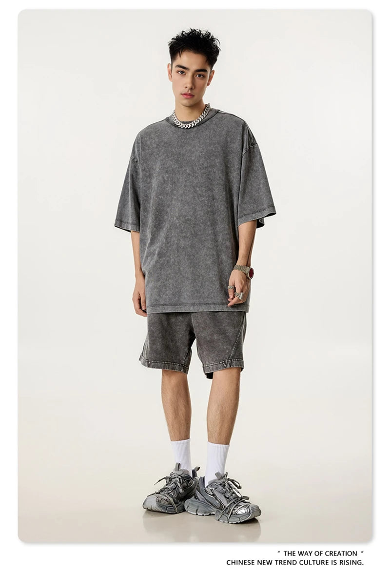 ZODF New Men Fire Snowflake Washed 330gsm Shorts Unisex High Street Summer Distressed Sport Cotton Shorts HY1028