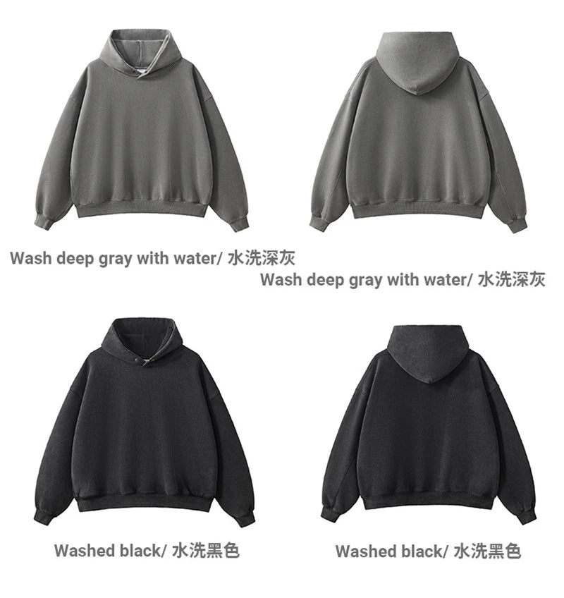 ZODF Vintage 350gsm Man Washed Boxy Fleece Hoodie Unisex Loose Ripped Warm Button Winter Hooded Pullovers Brand Clothing HY0053
