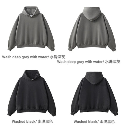 ZODF Vintage 350gsm Man Washed Boxy Fleece Hoodie Unisex Loose Ripped Warm Button Winter Hooded Pullovers Brand Clothing HY0053