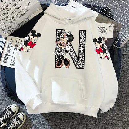2024 Women's Winter Jacket Cute Kawaii Disney Mickey Mouse Lucky Letters Print White Hoodie Fashion Couple Streetwear Sportswear