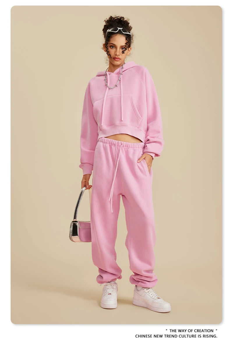 ZODF Women Hotsweet 2025 Winter Washed Fleece Crop Hoodies Girls Oversized Raglan Sleeve 400gsm Hooded Pullovers HY0648