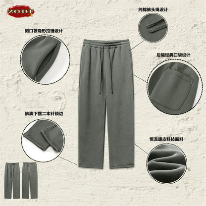 ZODF New Men's Winter Solid 345sm Fleece Straight Pants Unisex Loose Comfortable Sport Zipper Pockets Trousers HY0868