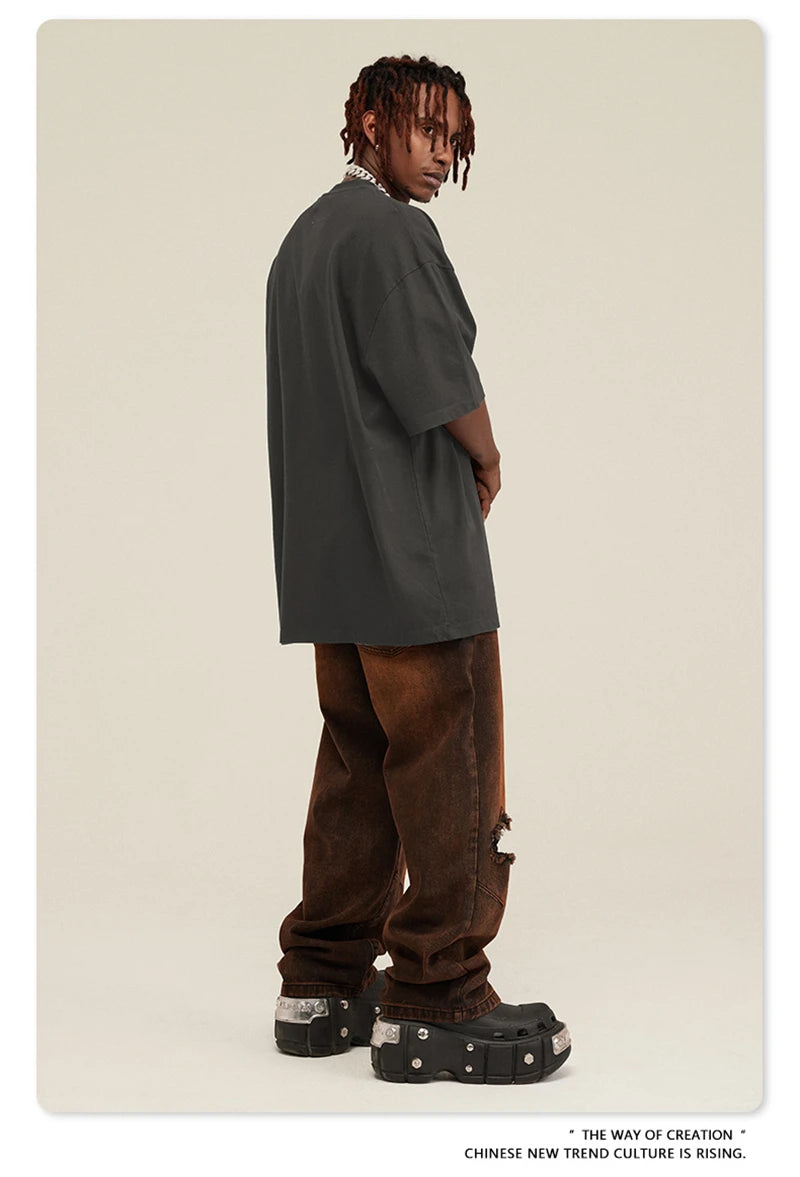 ZODF New Men High Street Washed T-Shirts Unisex Loose Tree Printing 285gsm Cotton O Neck T Shirt For Summer HY0512