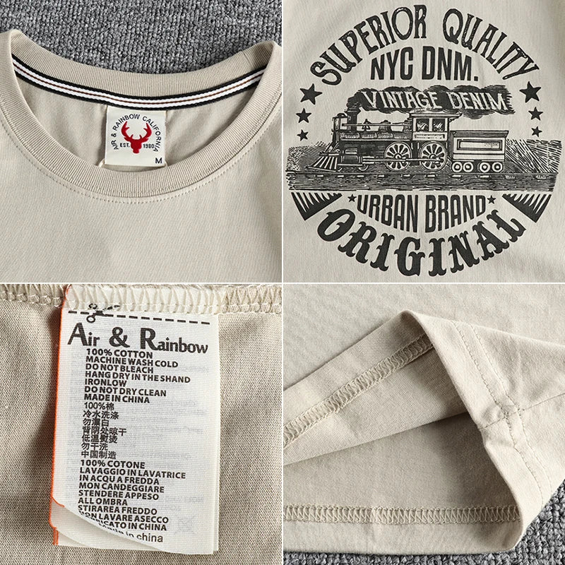 Summer American Retro Short-sleeved O-neck Locomotive Printed T-shirt Men's Fashion Simple 100% Cotton Washed Casual Sport Tops