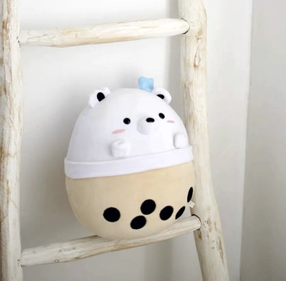 Cartoon Animals Shape Boba Stuffed Panda Polar Bear Shark Bubble Tea Plush Doll Hug Throw Pillow for Kids Round Ball Soft Drink