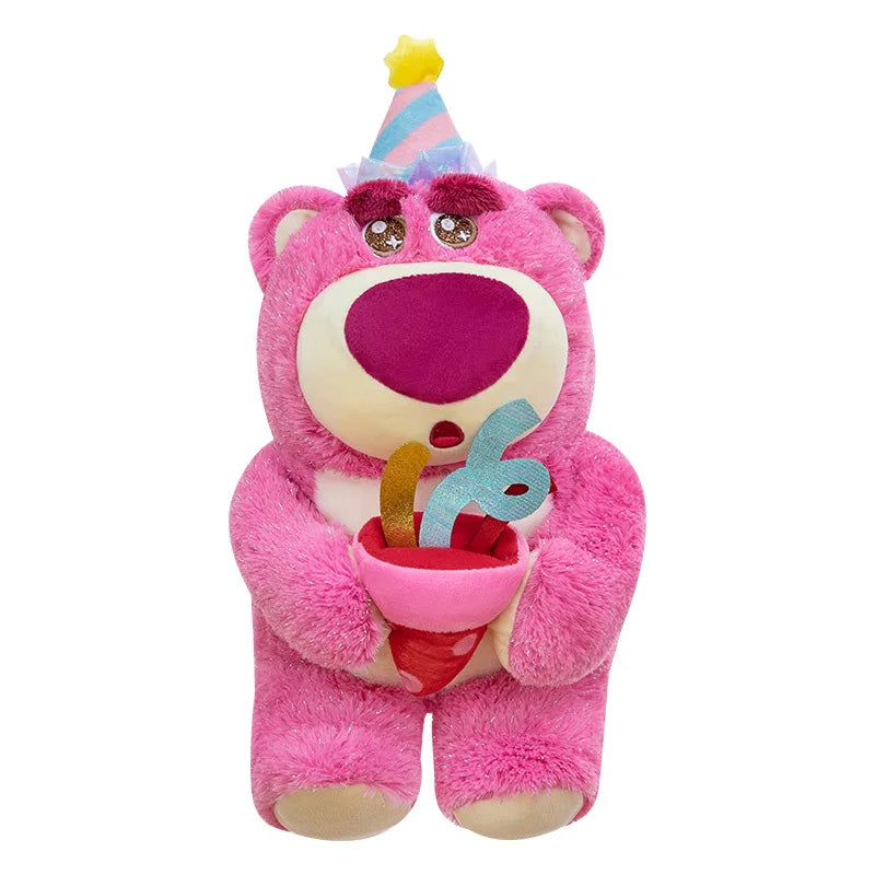 Disney Plush Strawberry Bear Doll with Birthday Hat Cute Stuffed Animal for Kids Birthday Xmas Gift Perfect Toy for Children And