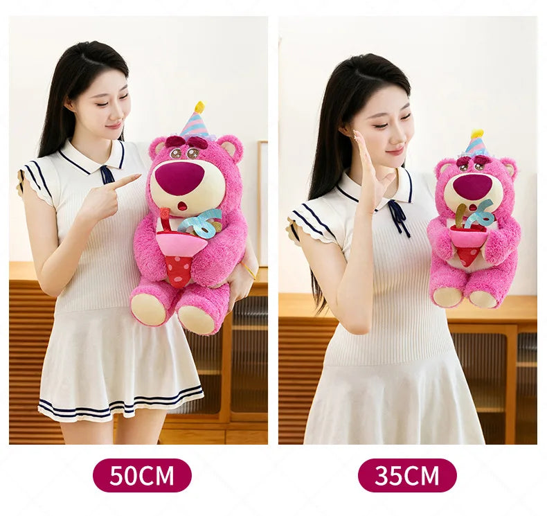 Disney Plush Strawberry Bear Doll with Birthday Hat Cute Stuffed Animal for Kids Birthday Xmas Gift Perfect Toy for Children And