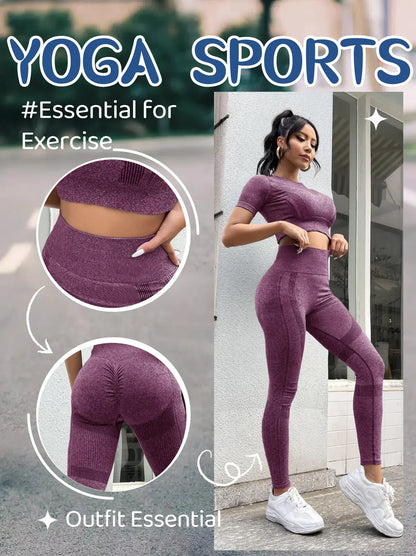 2-Piece Set,Short-Sleeved Top And High-Waisted Tummy Control Long Pants Sportswear,Suitable For Outdoor Sport,Women's Sportswear