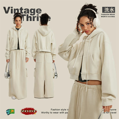 ZODF Retro 2025 Winter Women Short Zipper Hoodies Female Girls Loose 355gsm Thick Fleece Hooded Zip-up Coat Streetwears HY0448