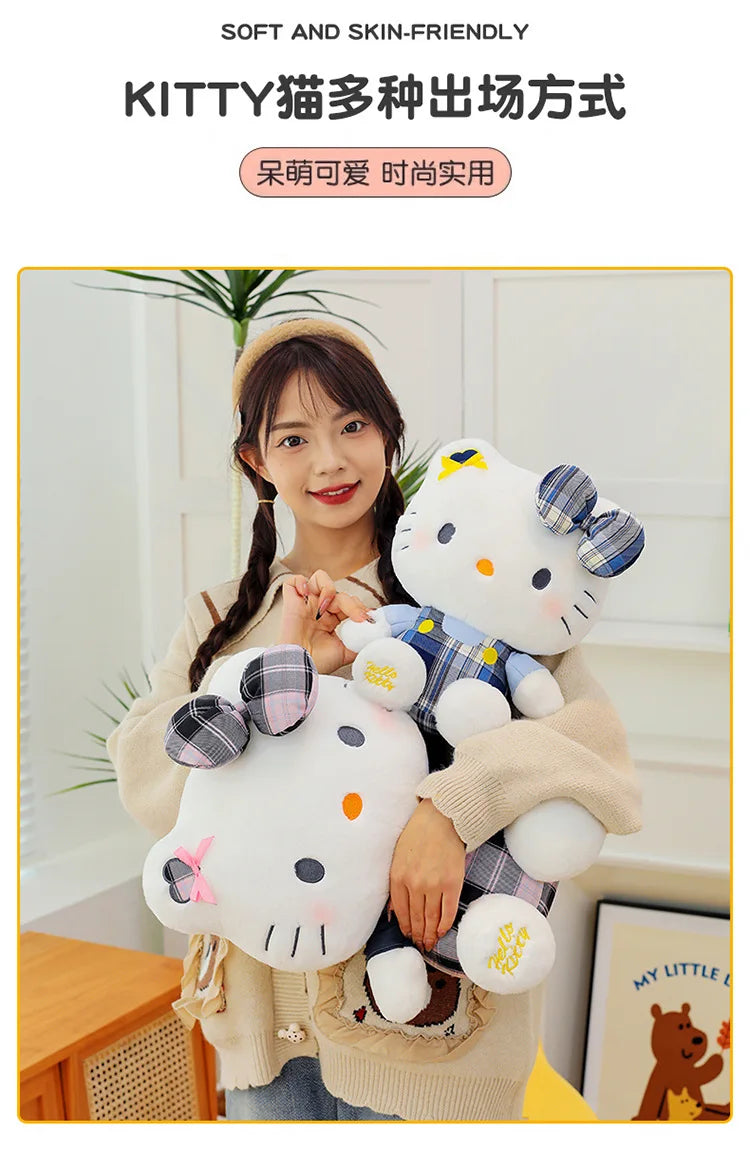 Sanrio Hello Kitty Plush Toy Retro Plaid Skirt Kitty Doll Stuffed Animal Creative Gift for Kids Birthday Christmas Girls Pillow