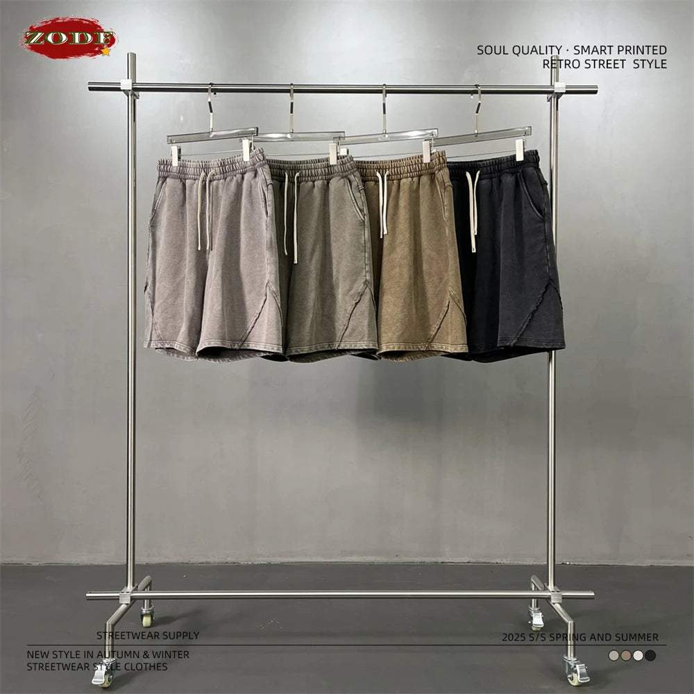 ZODF Retro Men Heavy-Weight Washed 430gsm Shorts Unisex High Street Patchwork Summer Distressed Cotton Shorts HY1035