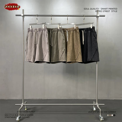 ZODF Retro Men Heavy-Weight Washed 430gsm Shorts Unisex High Street Patchwork Summer Distressed Cotton Shorts HY1035