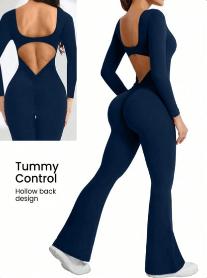 High Quality Solid Color Long Sleeve Compression Jumpsuit with Bell Bottom Pants Women’s Yoga Sportswear Push Up Set