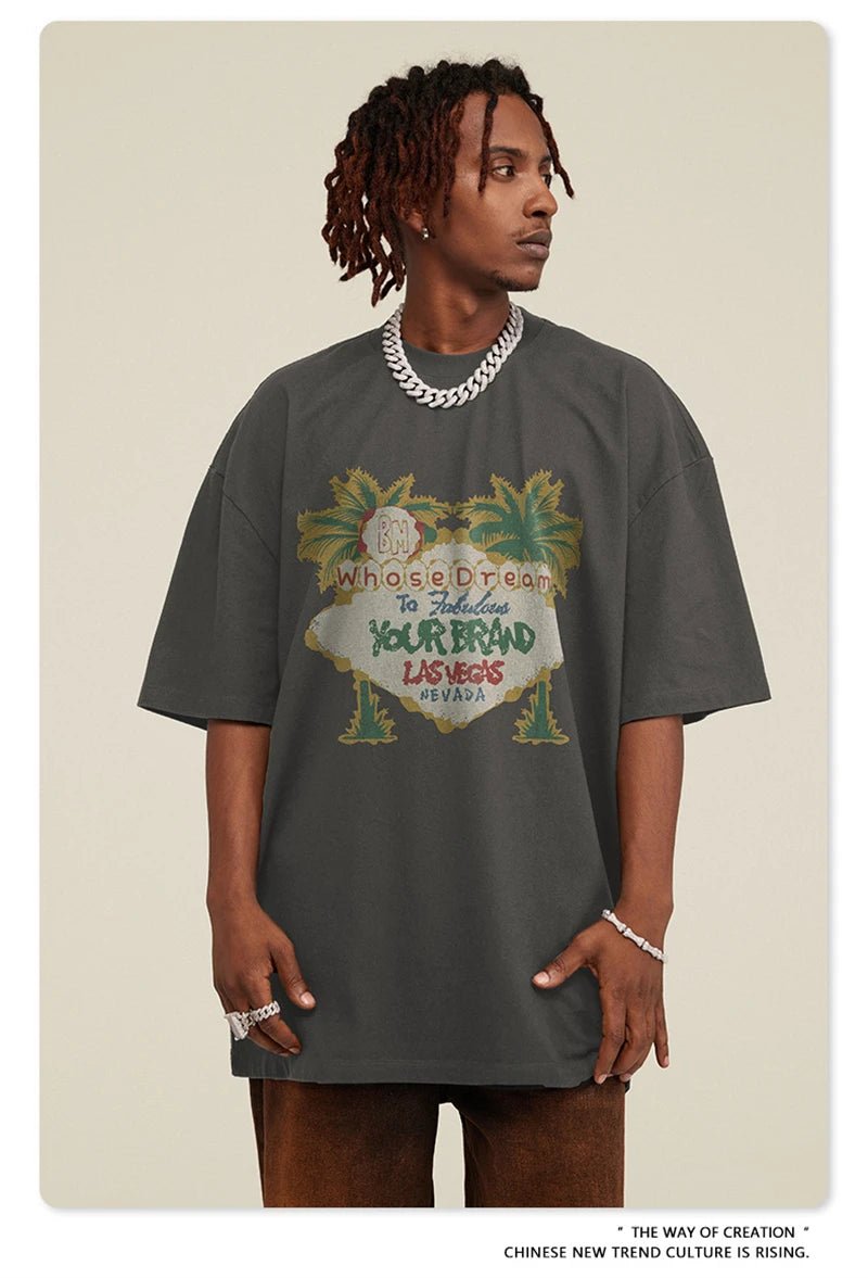 ZODF New Men High Street Washed T-Shirts Unisex Loose Tree Printing 285gsm Cotton O Neck T Shirt For Summer HY0512