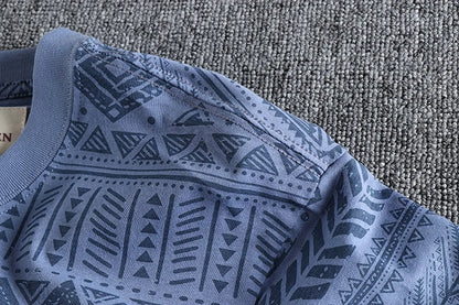 6013# Summer New American Retro Short Sleeve O-neck Geometric Printed T-shirt Men's Fashion 100% Cotton Washed Loose Casual Tops