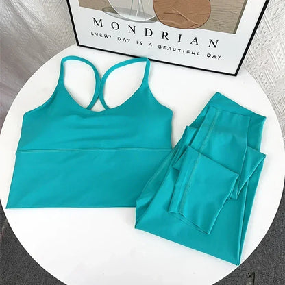 2 Piece Yoga Set Sportswear Fitness Suit with Sexy Cross Back Top and High Waist Elastic Leggings for Running Workout